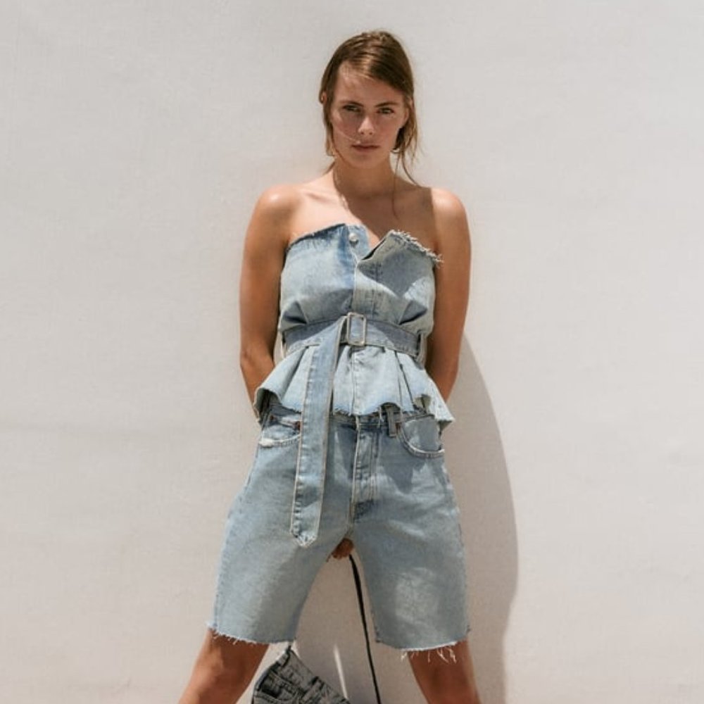 NWT BLUE TRF STRAPLESS DENIM TOP